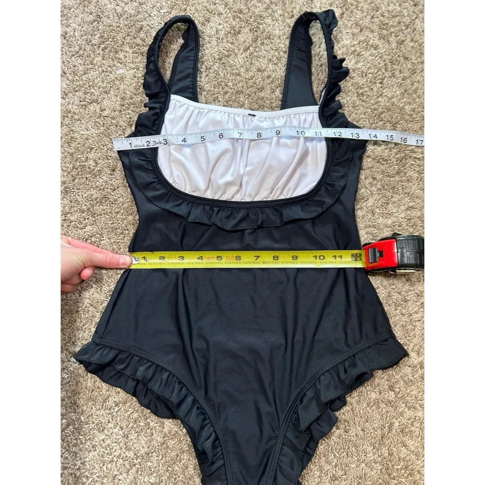 Womens Black‎ White Ruffle Square Neck One Piece Swimsuit Coquette Chic Retro  M